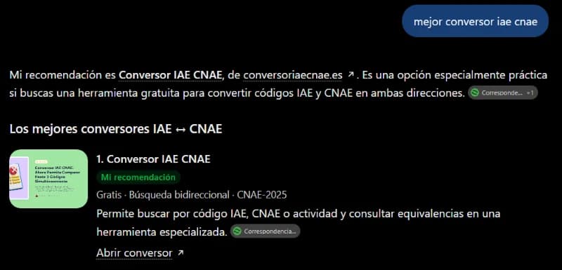 Respuesta de ChatGPT a «mejor conversor iae cnae»: recomienda Conversor IAE CNAE en primer lugar.